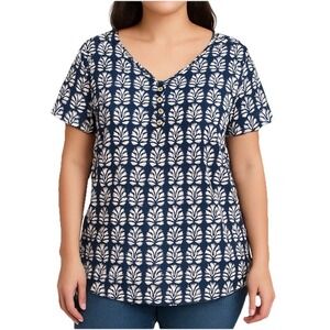 Croft & Barrow Women's Top L Blue White Floral Print Henley Short Sleeve Cotton
